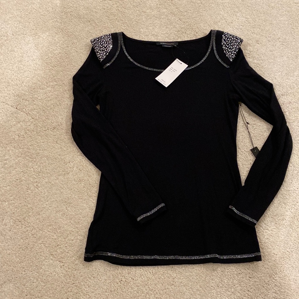 NWT BCBG Max Azria black long sleeve top with jeweled shoulders